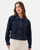 Jaqueta Cropped Feminina Jeans Com Bolsos