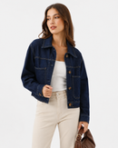 Jaqueta Cropped Feminina Jeans Com Bolsos